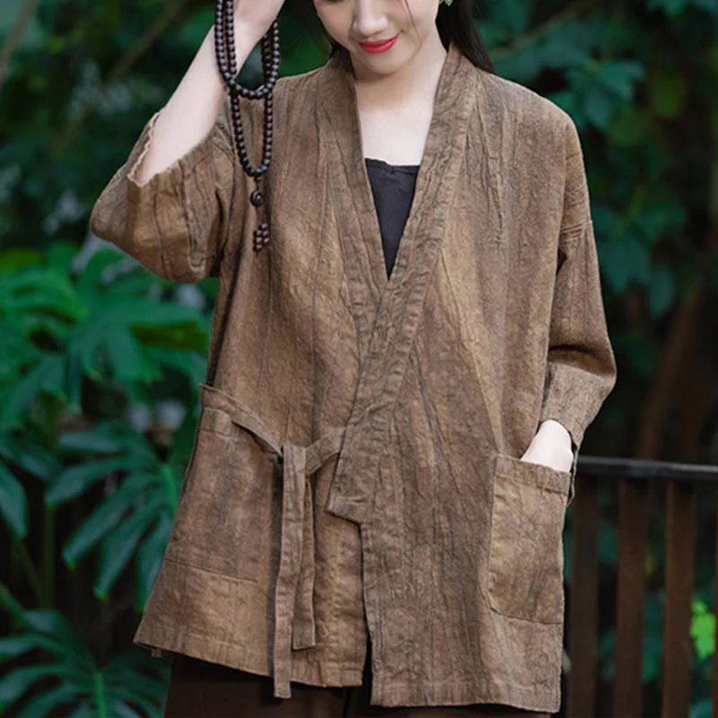 Buddha Stones Hanfu Design Three Quarter Sleeve Ramie Linen Coat Open Front Top Jacket