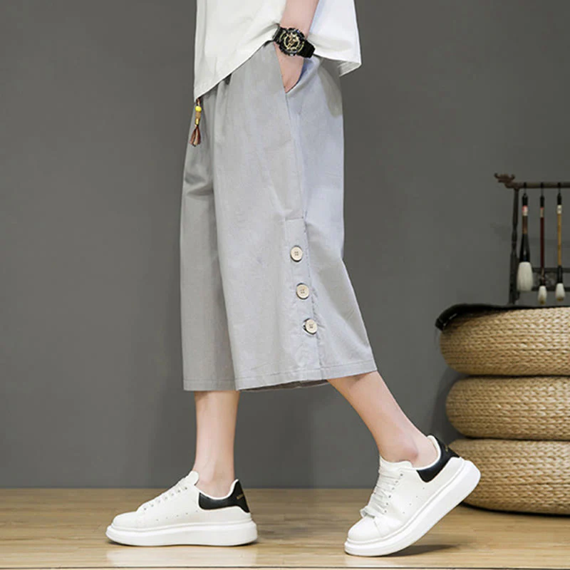 Buddha Stones Casual Plain Side Button Design Drawstring Men's Cotton Cropped Pants With Pockets