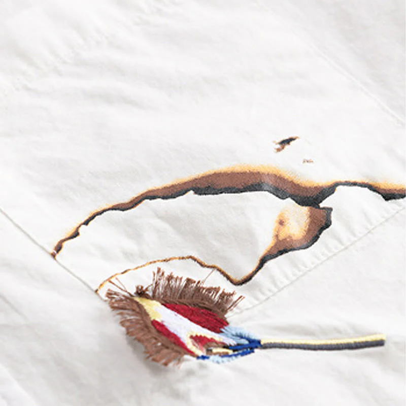 Buddha Stones Casual Embroidery Match Flame Pattern Lapel Men's Short Sleeve Cotton Shirt With Pocket