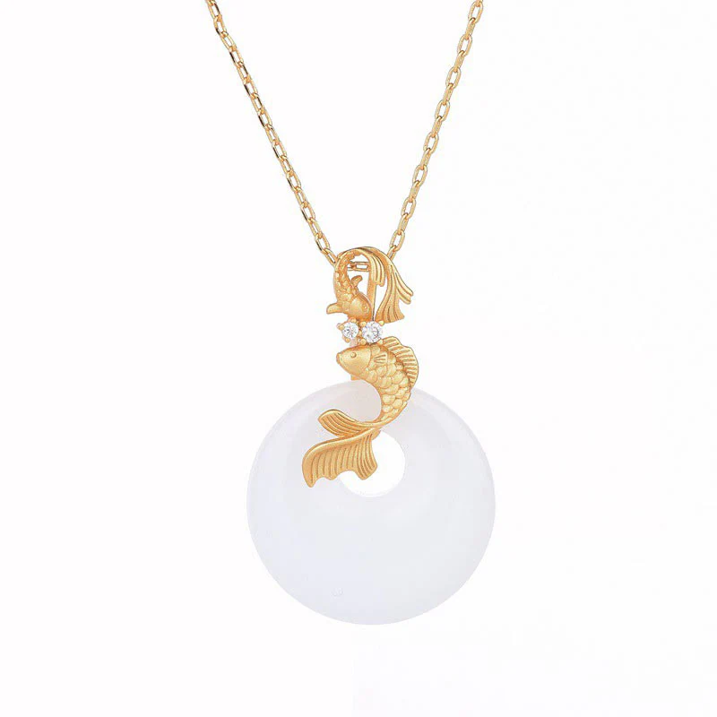 Buddha Stones White Jade Koi Fish Wealth Prosperity Necklace Pendant