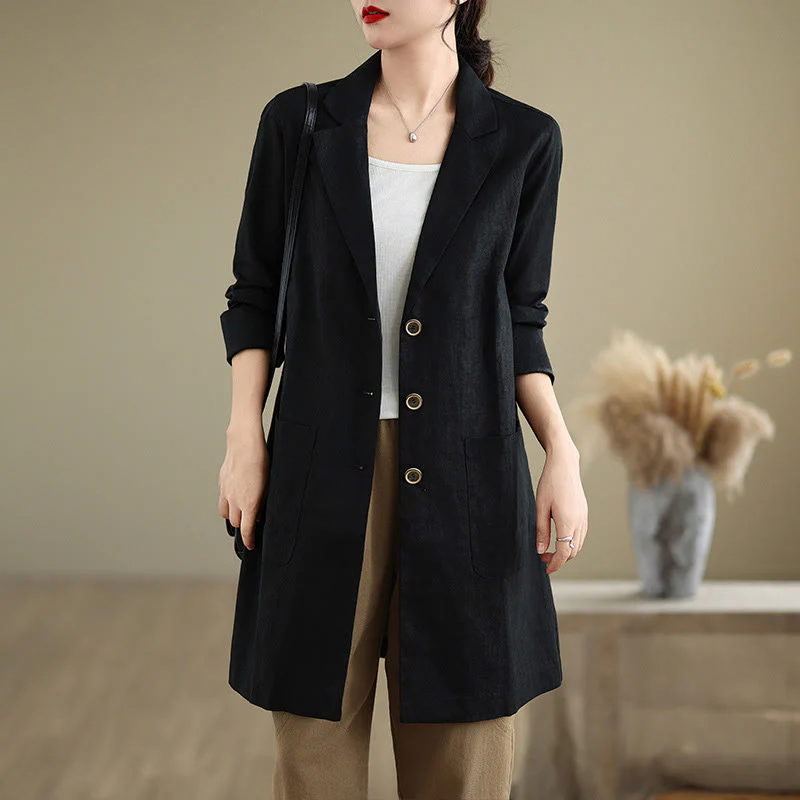Buddha Stones Casual Fall Buttons Design Lapel Women's Cotton Linen Coat With Pockets