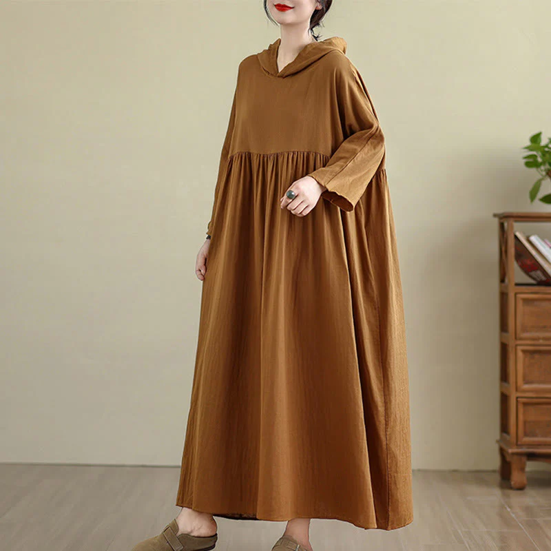 Buddha Stones Fall Hoodie Design Long Sleeve Cotton Linen Midi Dress With Pockets