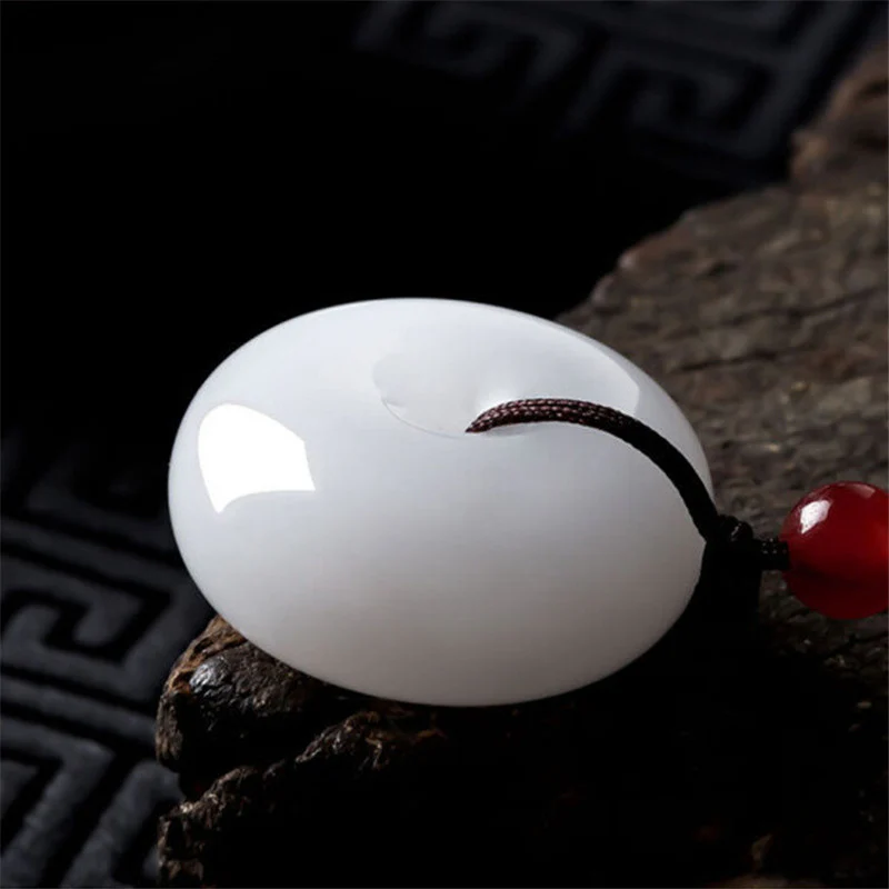 Buddha Stones Round Hetian White Jade Peace Buckle Blessing Necklace Pendant