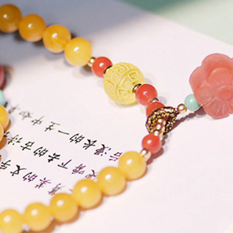 Buddha Stones Amber Healing Balance Necklace Flower Charm Bracelet