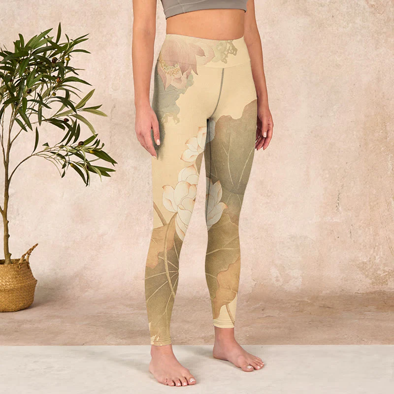 Buddha Stones Lotus Flowers Leaves Print Gym Leggings Women's Yoga Pants