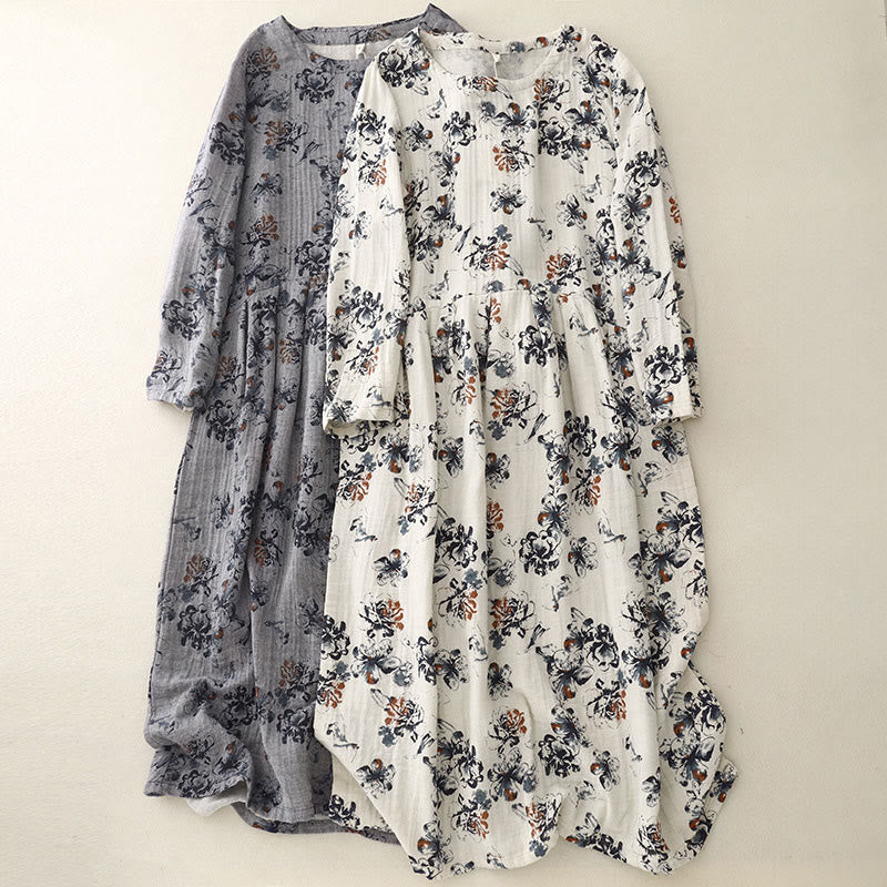 Buddha Stones Casual Small Floral Pattern Crew Neck Cotton Linen Midi Dress With Pockets