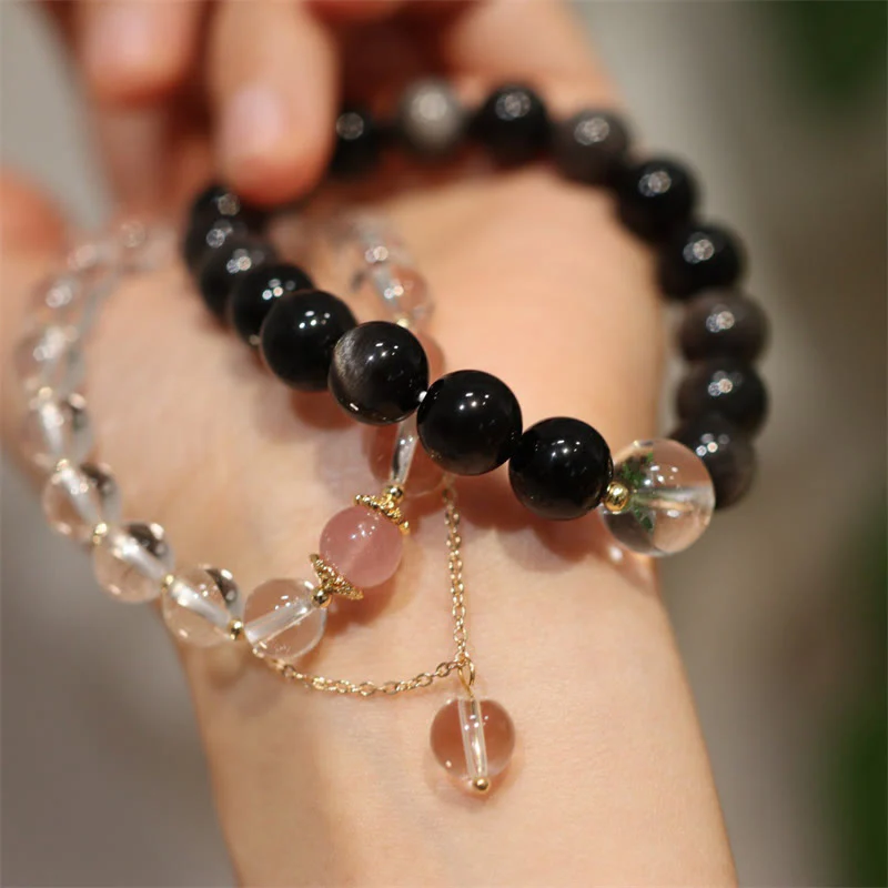 Buddha Stones Natural Silver Sheen Obsidian Pink Crystal White Crystal Protection Yin Yang Color Couple Bracelet