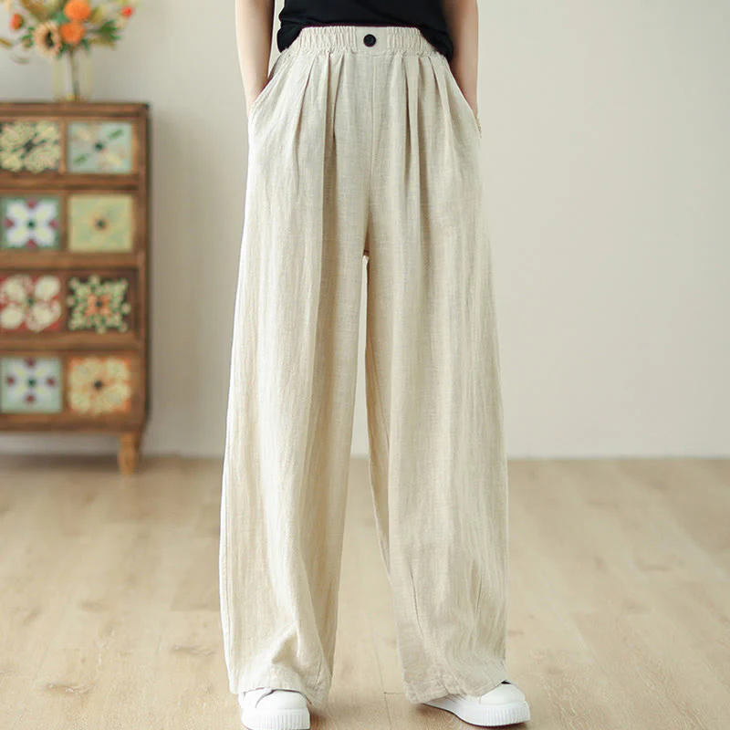 Buddha Stones Commute Button Design Women's Cotton Linen Elastic Waistband Pants With Pockets