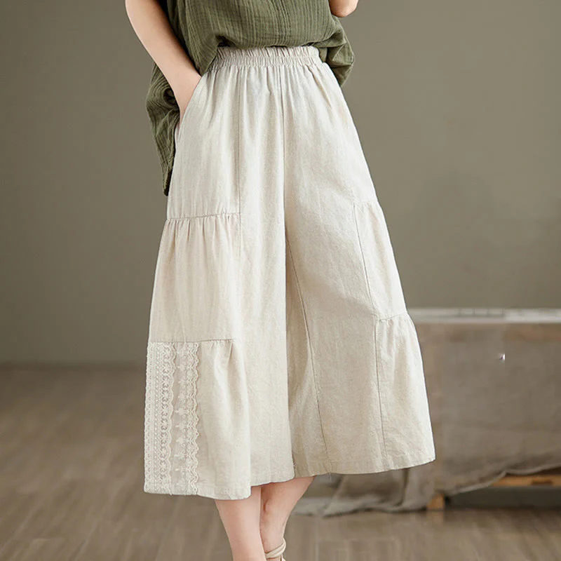 Buddha Stones Casual Plain Lace Splicing Cotton Linen Women's Cropped Wide Leg Pants With Pockets