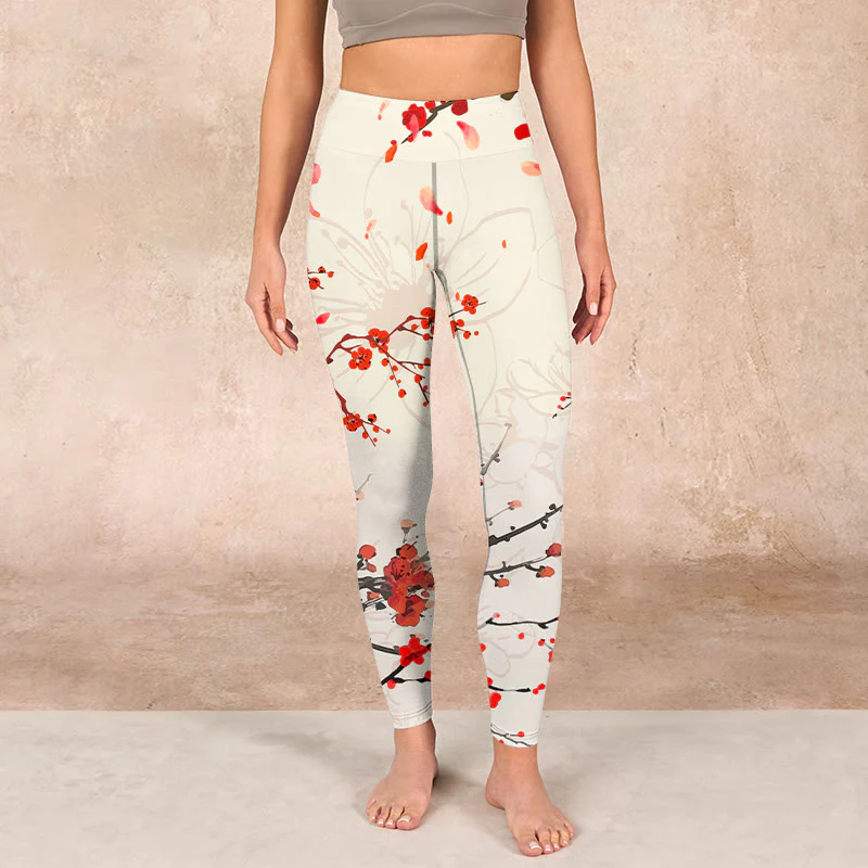 Buddha Stones Blooming Red Plum Blossoms Print Gym Leggings Women's Yoga Pants