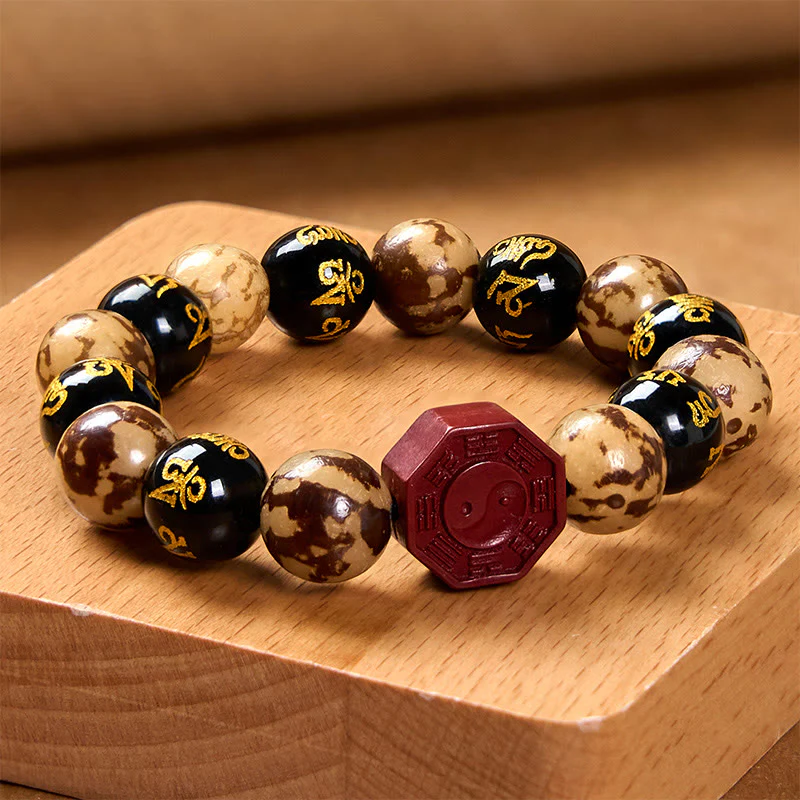 Buddha Stones Bodhi Seed Om Mani Padme Hum Bagua Yin Yang Cinnabar Carved Calm Bracelet