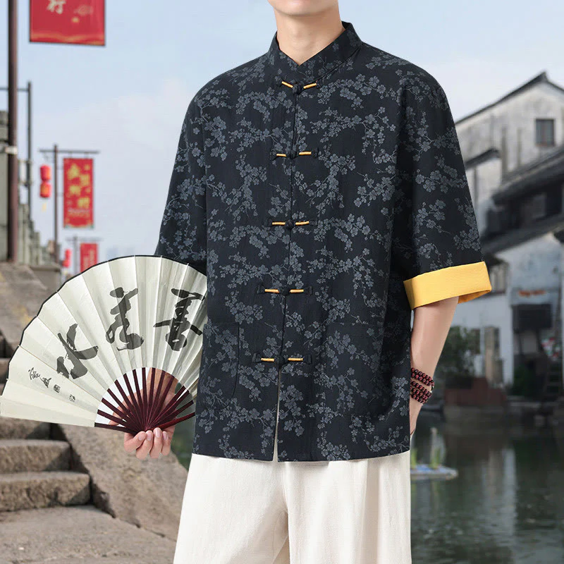 Buddha Stones Retro Printing Flower Pattern Frog-Button Design Stand Collar Men's Half Sleeve Cotton Shirt With Pockets
