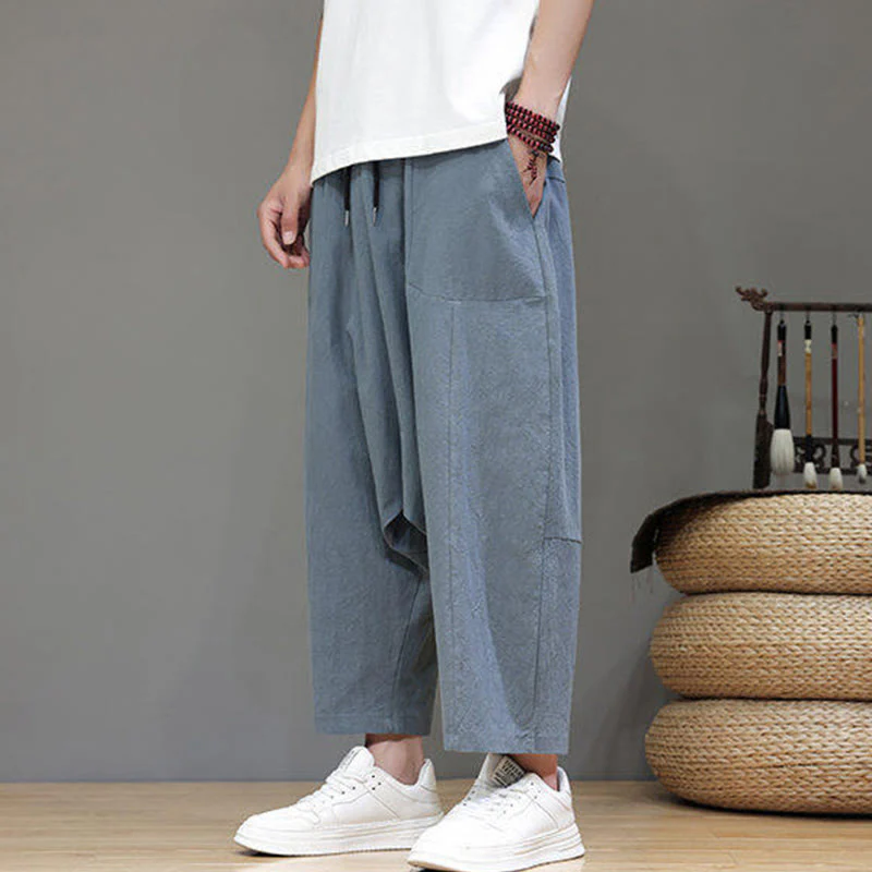 Buddha Stones Casual Plain Low Crotch Design Drawstring Men's Cotton Elastic Waistband Wide Leg Pants With Pockets