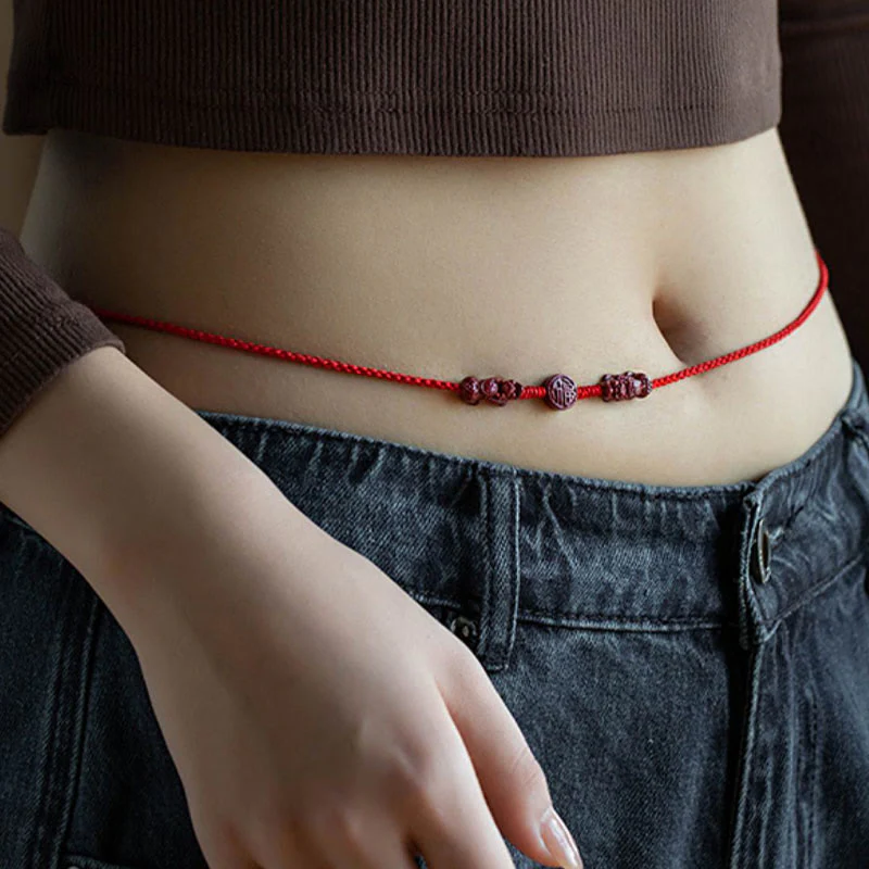 Buddha Stones Natural Cinnabar PiXiu Calm Blessing Red String Belly Chain