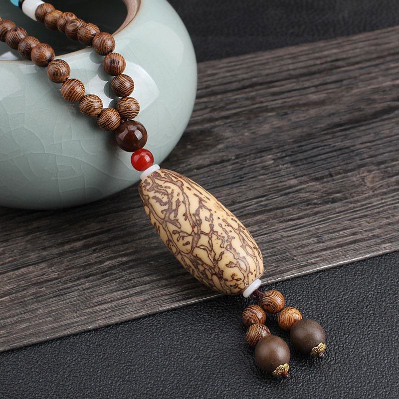 Buddha Stones Tibetan Wenge Wood Bodhi Seed Agate Balance Peace Necklace Pendant
