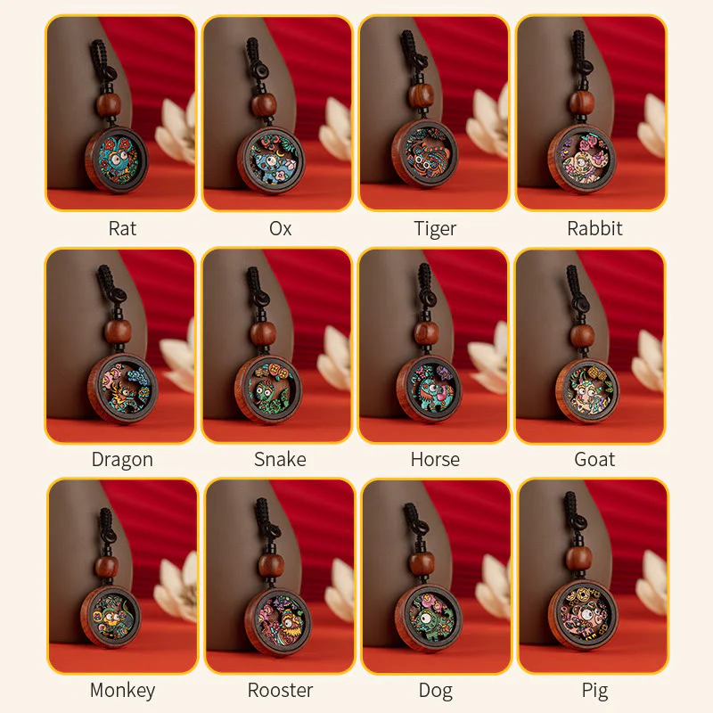 Buddha Stones Year Of The Dragon Hand Painted Chinese Zodiac Rosewood Carved Calm Key Chain