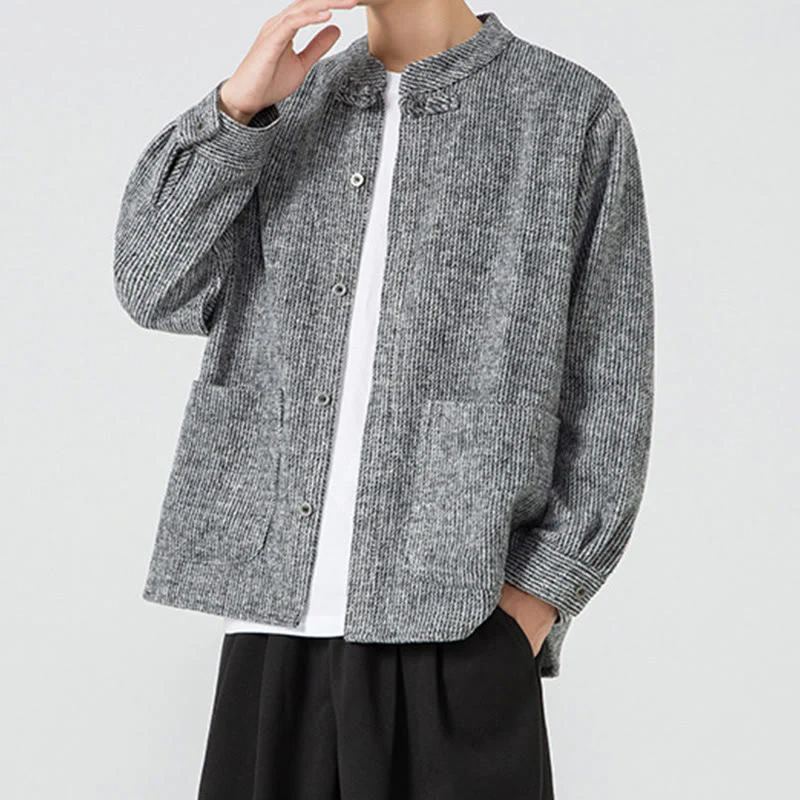 Buddha Stones Long Sleeve Frog-button Design Men's Cotton Jacket Shirt With Pockets