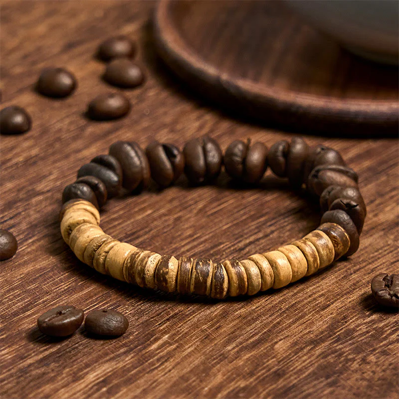 Buddha Stones Handmade Natural Coffee Beans Coconut Shell Happiness Bracelet