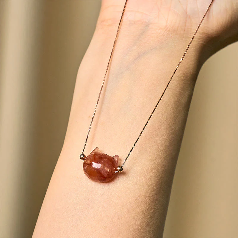 Buddha Stones 925 Sterling Silver Cat Head Natural Red Flower Quartz Protection Necklace Pendant