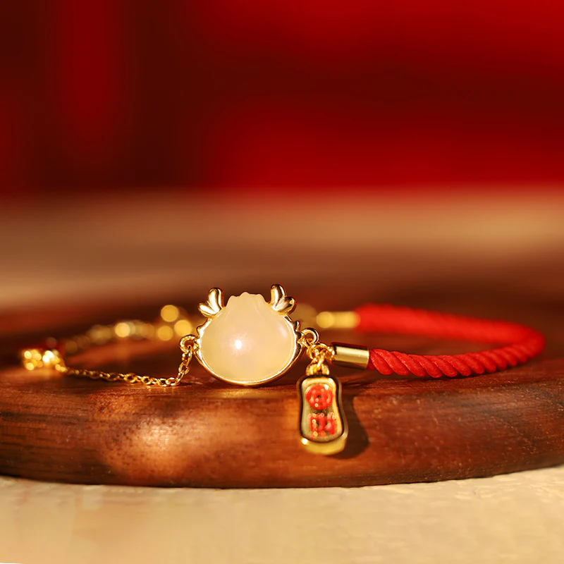 Buddha Stones 925 Sterling Silver Year Of The Dragon Hetian White Jade Chinese Steamed Bun Dragon Design Fortune Blessing Bracelet