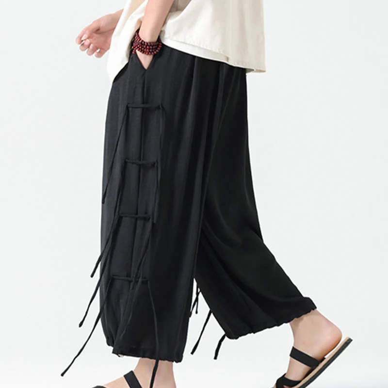 Buddha Stones Casual Loose Lanyard Design Waist Rope Men's 7-8 Length Spandex Pants With Pockets