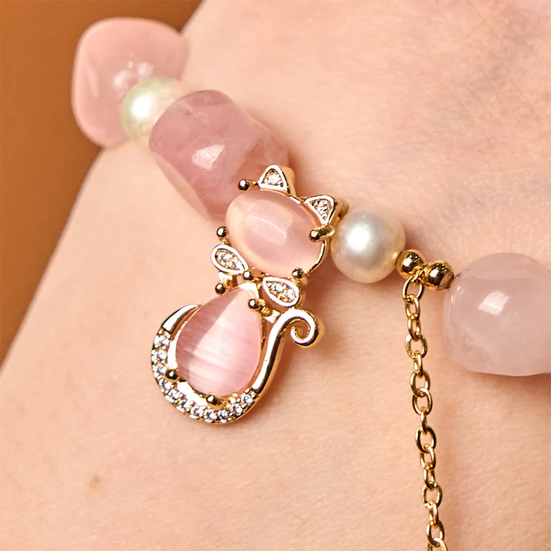 Buddha Stones Natural Strawberry Quartz Pearl Cat Positive Bracelet