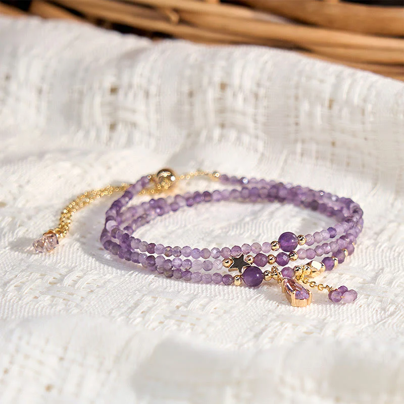 Buddha Stones Natural Amethyst Water Drop Star Meditation Triple Wrap Bracelet
