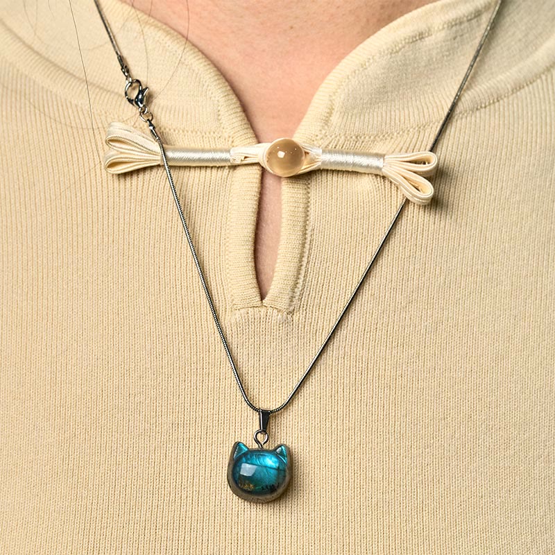 Buddha Stones Natural Cat Pattern Labradorite Healing Necklace Pendant