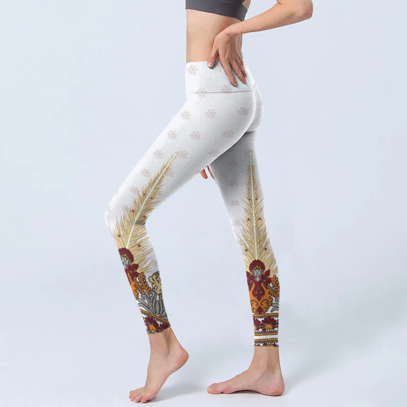 Buddha Stones White Abstract Lotus Flower Print Gym Leggings Women's Yoga Pants