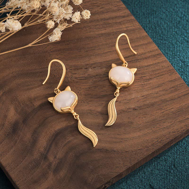 Buddha Stones FengShui White Jade Fox Fortune Earrings