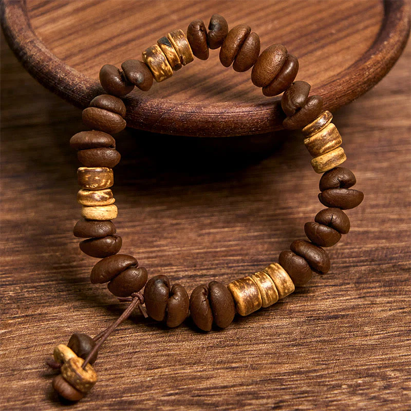 Buddha Stones Handmade Natural Coffee Beans Coconut Shell Happiness Bracelet