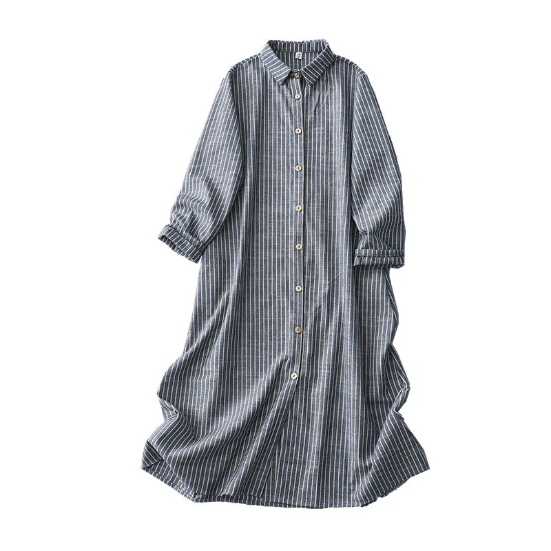 Buddha Stones LightSteelBlue White Striped Button Design Lapel Cotton Linen Midi Dress With Pockets