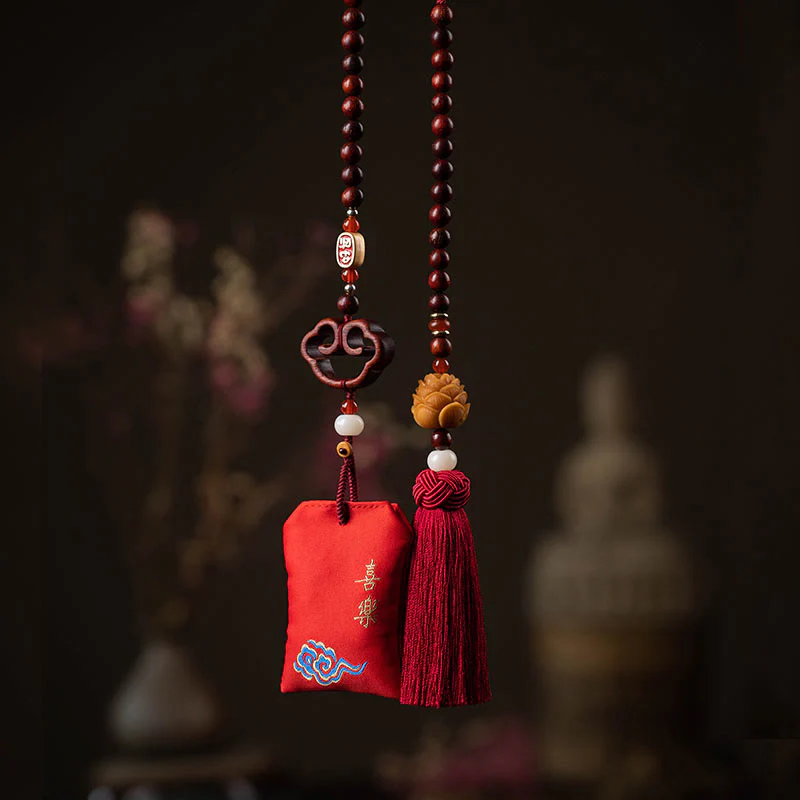 Buddha Stones Tibetan Small Leaf Red Sandalwood Lotus Cinnabar Sachet Protection Tassel Car Hanging Decoration