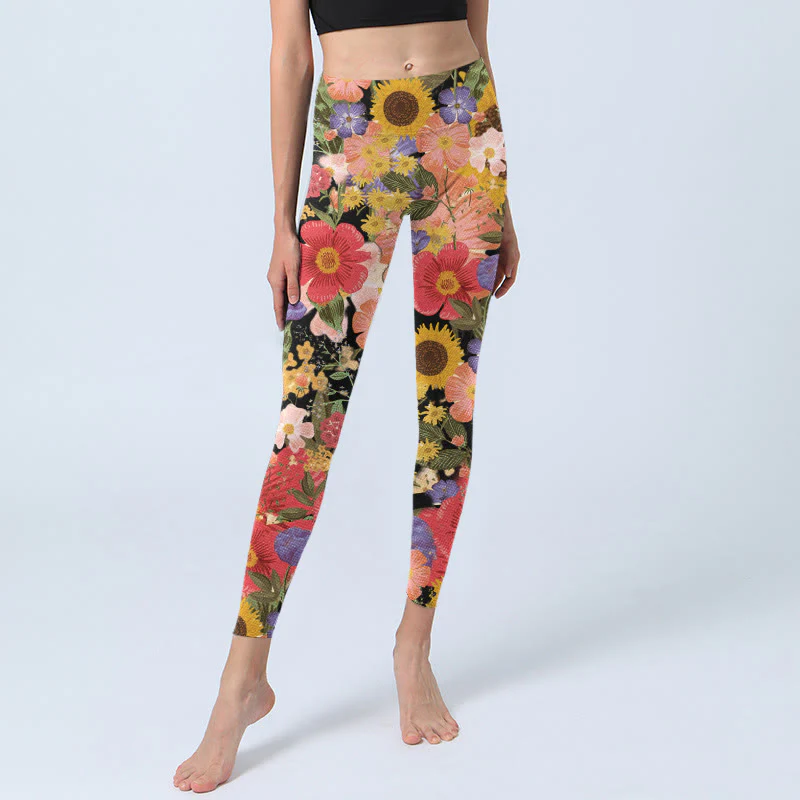 Buddha Stones Sunflowers Pink Purple Flowers Print Sports Fitness Leggings Women's Yoga Pants