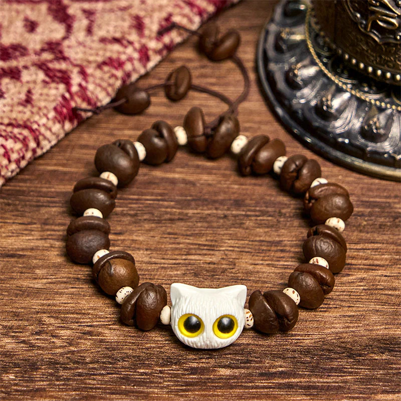 Buddha Stones Handmade Natural Coffee Beans Cat Head Bodhi Seed Claw Paw Peace Bracelet