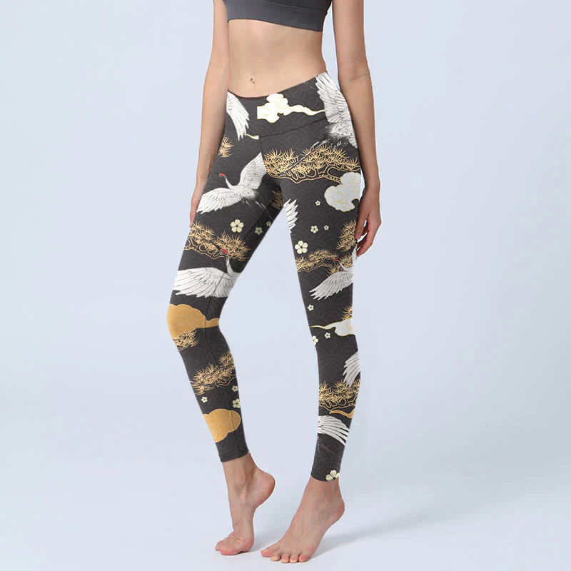 Buddha Stones White Red-crowned Cranes Golden Pine Trees Print Gym Leggings Women's Yoga Pants