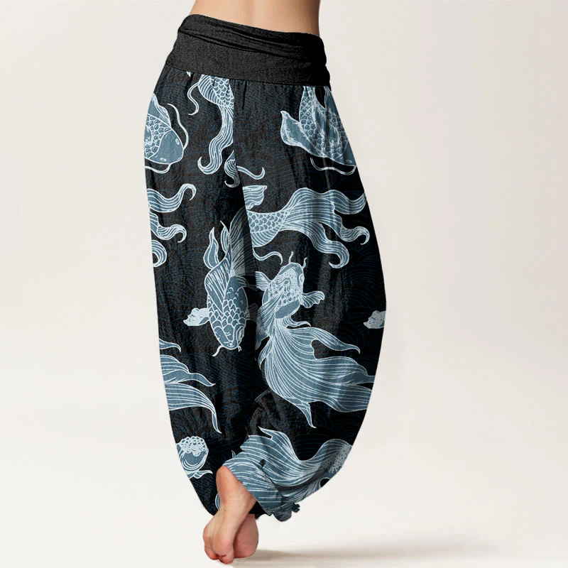 Buddha Stones Koi Fish Waves Pattern Design Women's Elastic Waist Harem Pants