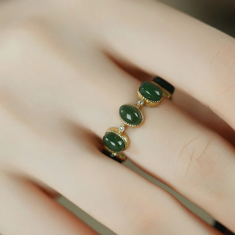 Buddha Stones 925 Sterling Silver Hetian Cyan Jade Beads Healing Adjustable Ring