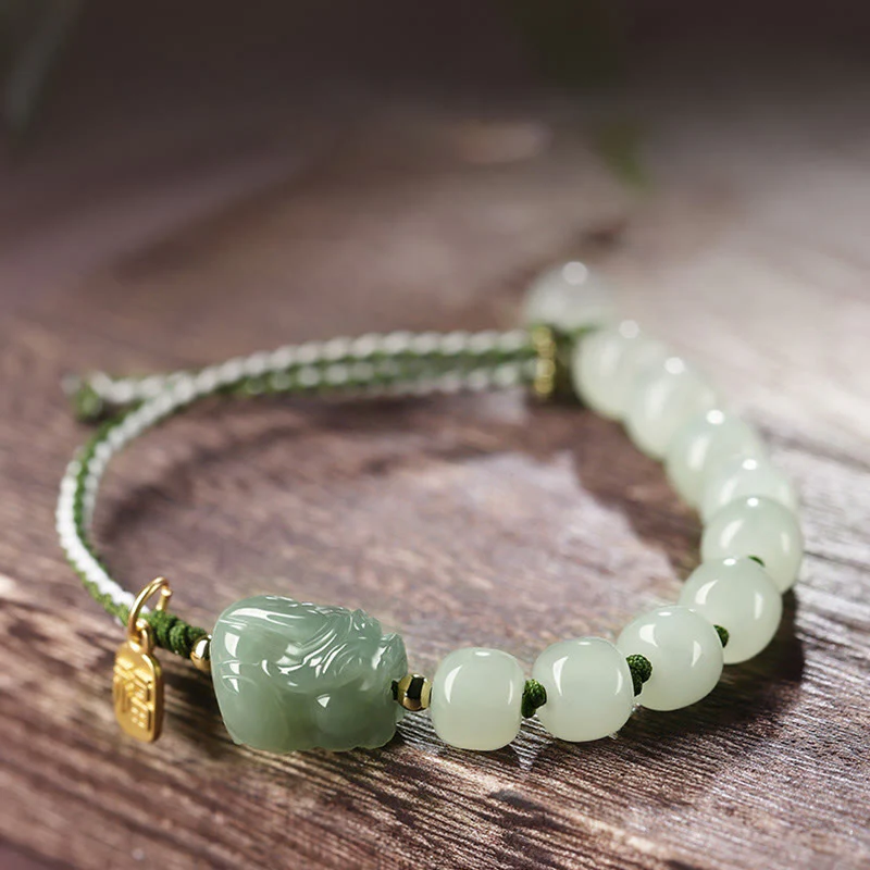 Buddha Stones Natural Hetian Jade PiXiu Luck Fu Character String Bracelet