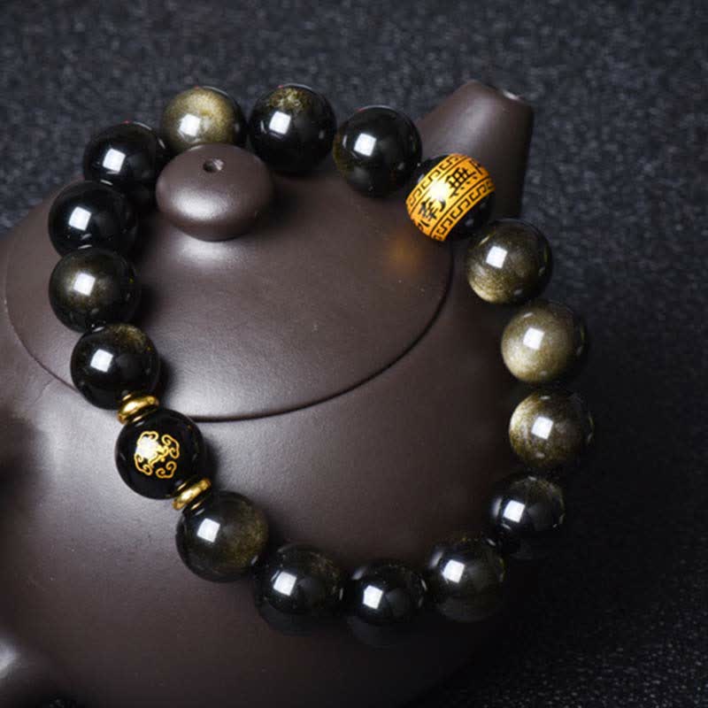 Buddha Stones Chinese Zodiac Natal Buddha Gold Sheen Obsidian Wealth Protection Bracelet