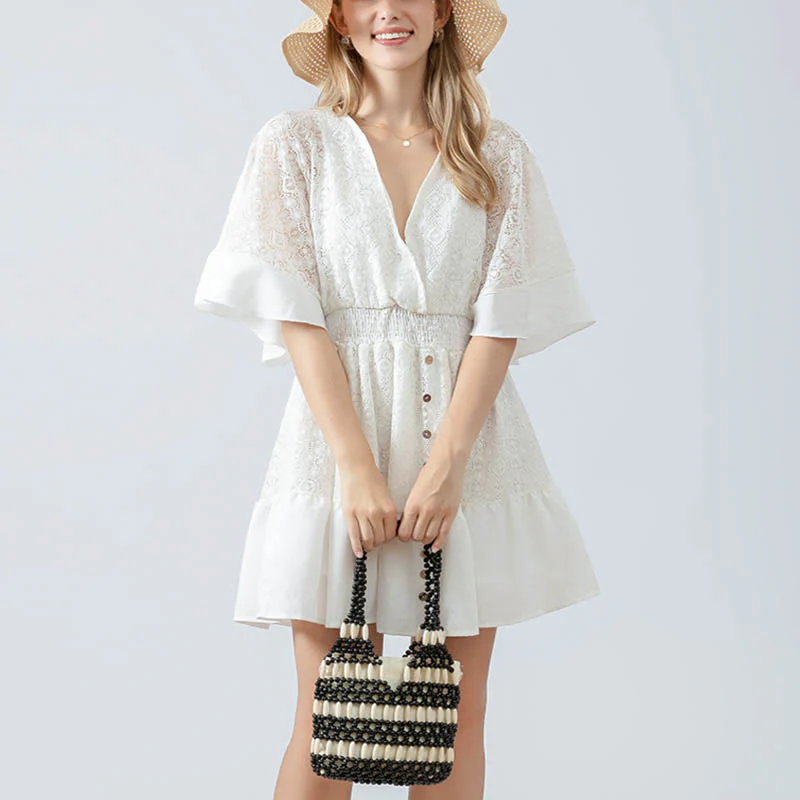 Buddha Stones Hand-woven Round Wooden Beads Handbag