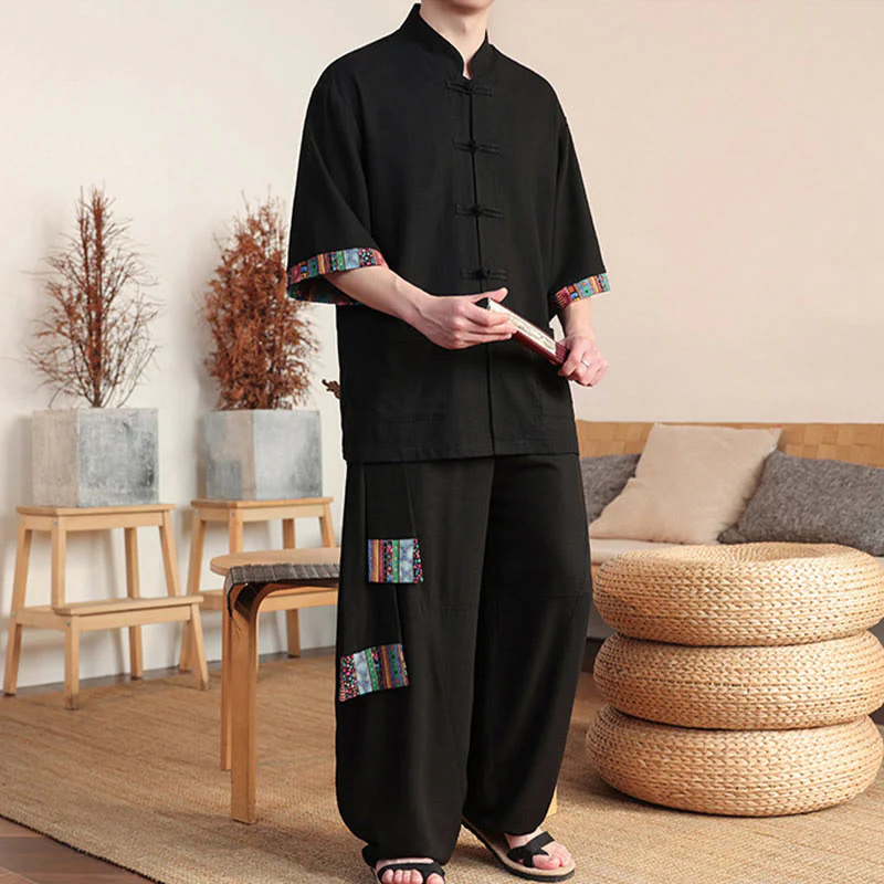 Buddha Stones 2Pcs Patchwork Chinese Frog-Button Shirt Wide Leg Pants Men's Meditation Cloth Set With Pockets