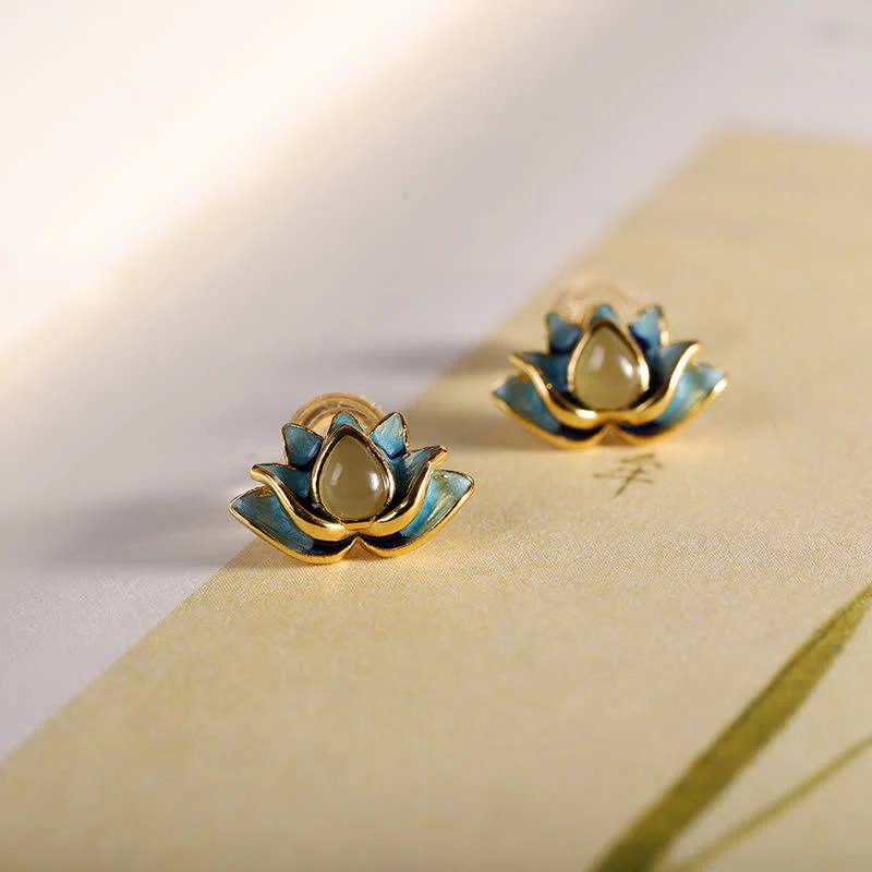 Buddha Stones 925 Sterling Silver Hetian Cyan Jade Lotus Flower Success Earrings