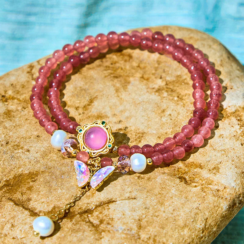 Buddha Stones Natural Strawberry Quartz Pearl Butterfly Water Drop Positive Double Wrap Bracelet