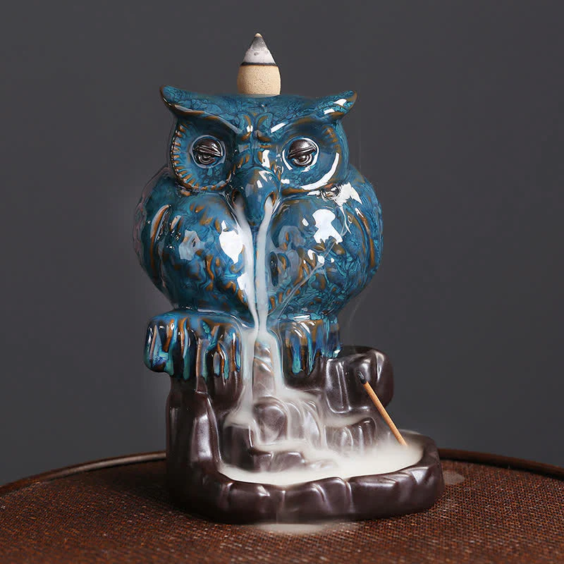 Buddha Stones Cute Owl Ceramic Backflow Smoke Fountain Meditation Healing Incense Burner Decoration