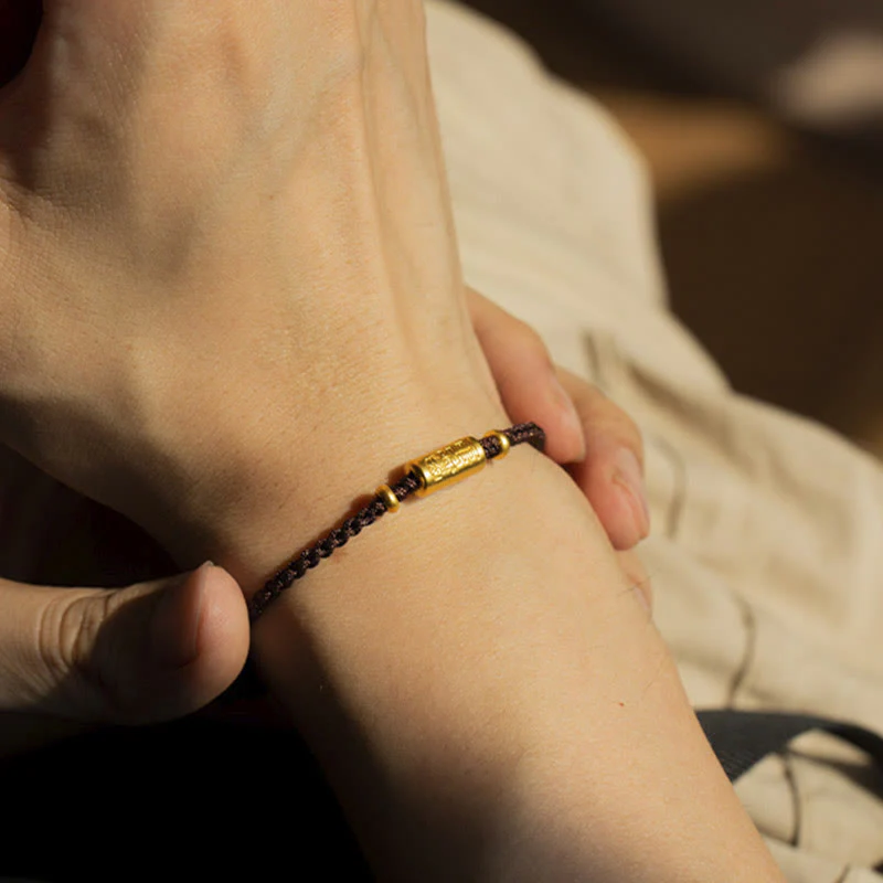 Buddha Stones 999 Gold Good Luck Amulet Carved Design Handmade Strength Braided Rope Bracelet