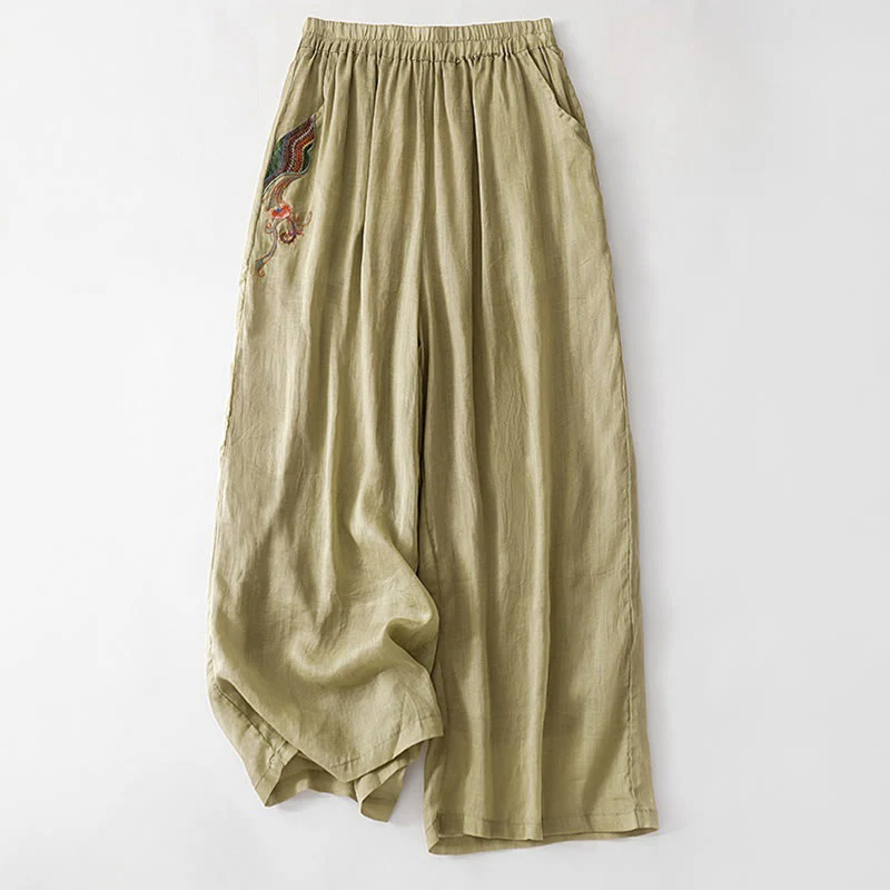 Buddha Stones Summer Embroidery Double Layer Cotton Linen Women's Wide Leg Pants With Pockets