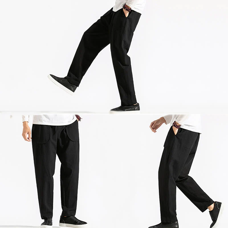 Buddha Stones Retro Casual Drawstring Design Men's Harem Cotton Plain Pants With Pockets