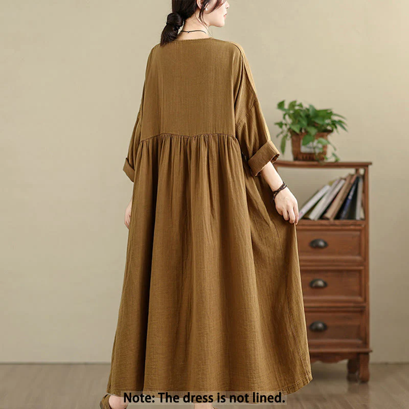 Buddha Stones Vintage Casual Pure Color Long Sleeve Cotton Linen Midi Dress With Pockets