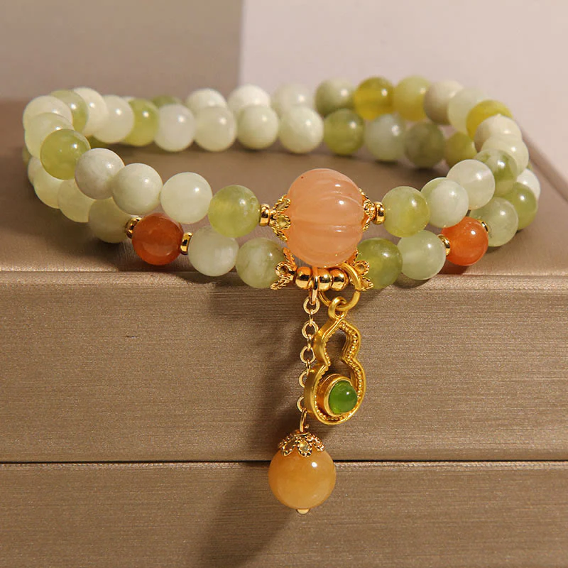 Buddha Stones Double Wrap Gourd Pumpkin Green Grape Serpentine Jade Luck Bracelet
